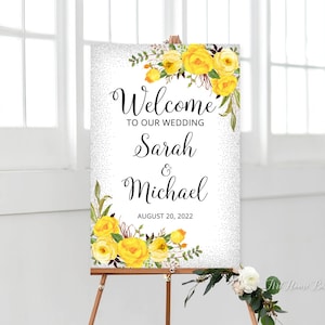 Signo de bienvenida de boda amarillo, Bienvenido a nuestro signo de boda, amarillo, plata, W431