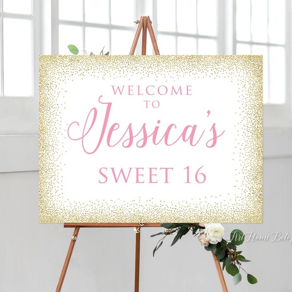 Sweet Sixteen Welcome Sign, Sweet 16 Birthday Welcome Sign, Goldr and Pink Welcome Sign, Landscape, W886