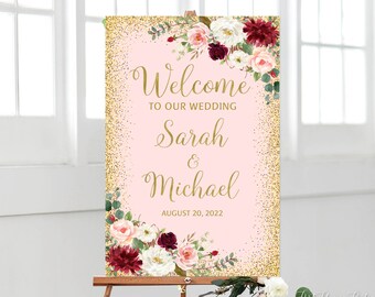 Blush Marsala Wedding Welcome Sign, Pink Wedding Welcome Sign, Welcome To Our Wedding Sign, Burgundy Blush Gold, W988