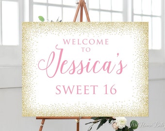 Sweet Sixteen Welcome Sign, Sweet 16 Birthday Welcome Sign, Goldr and Pink Welcome Sign, Landscape, W886
