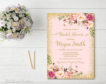 Bridal Shower Invitation, Floral Pink Bridal Shower Invitation, Boho Bridal Shower Invite, Bridal Shower Printable, W02