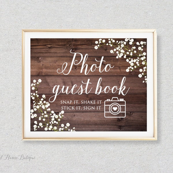 Rustic Wedding Photo Guest Book Sign, Guestbook Sign, Snap It Shake It Stick It Sign It, Rustic Guest Book, Baby’s Breath, Gypsophila, W310