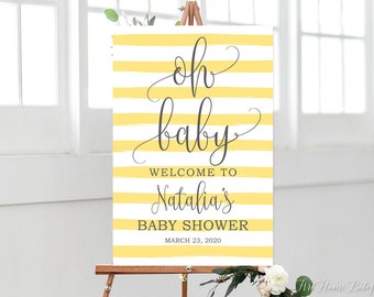 Oh Baby Willkommensschild, Gestreiftes Babyparty-Willkommensschild, Gelb und Grau Willkommen Baby Shower Schild, BS070
