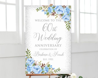 60th Wedding Anniversary Welcome Sign, Blue Anniversary Decoration, Silver Anniversary Sign, Diamond Anniversary Sign, Digital File, W1188-1