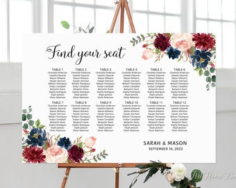 Wedding Seating Chart, Wedding Seating Plan, Find Your Seat, Birthday Seating Chart, Burgundy Navy Wedding Table Plan, Digital file, W411