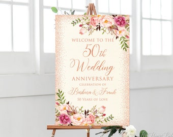 50th Anniversary Welcome Sign, 50th Anniversary Decoration, Rose Gold Anniversary Sign, Printable Welcome Sign, W538