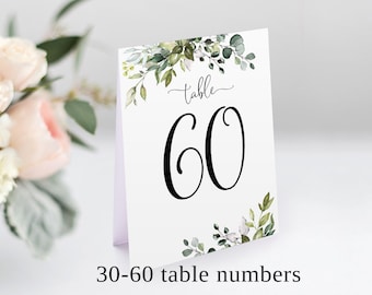 30-60 Table Numbers, Additional Numbers, Tented Table Numbers, Folded Table Numbers, Tent Table Numbers, Greenery Table Numbers, W1124-2