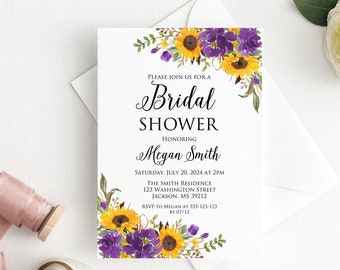 Sunflowers and Purple Flowers Bridal Shower Invitation, Sunflower Bridal Shower Invitation, Boho Bridal Shower Invite, Digital File,  W1465