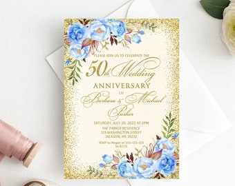 50th Anniversary Invitation, Golden Wedding Party Invitation, 50th Wedding Anniversary Invitation, Ivory and Gold, Blue Flowers, W839