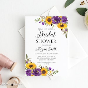 Sunflowers and Purple Flowers Bridal Shower Invitation, Sunflower Bridal Shower Invitation, Boho Bridal Shower Invite, Digital File,  W1465