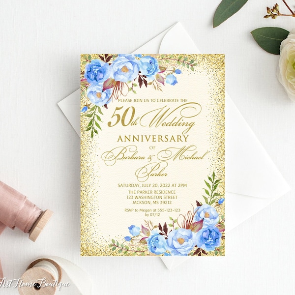 50th Anniversary Invitation, Golden Wedding Party Invitation, 50th Wedding Anniversary Invitation, Ivory and Gold, Blue Flowers, W839