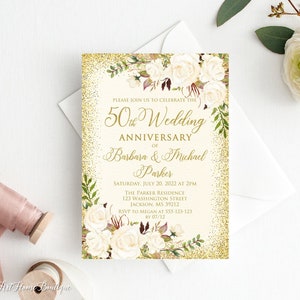 50th Anniversary Invitation, Golden Wedding Party Invitation, 50th Wedding Anniversary Invitation, Ivory and Gold, W704-1