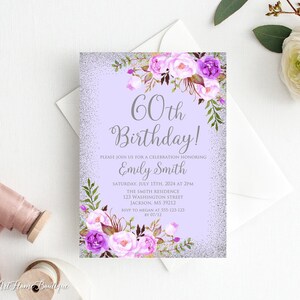 60e verjaardagsuitnodiging, paarse verjaardagsuitnodiging, elke leeftijd, lavendel verjaardagsuitnodiging, zilveren boho verjaardagsuitnodiging, digitaal bestand, W31