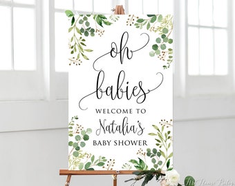Greenery Oh Babies Welcome Sign, Baby Shower Welcome Sign, Calligraphy Welcome to Baby Shower Sign, Eucalyptus Baby Shower, BS34-6