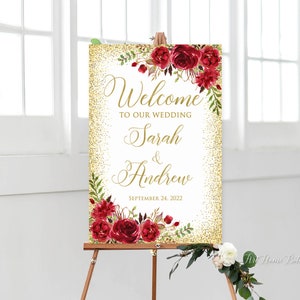 Signo de boda de bienvenida, Bienvenido a nuestro signo de boda, signo de bienvenida de boda rojo y dorado, archivo digital, W1063-1