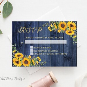ネイビー RSVP カード、素朴な RSVP カード、結婚式の RSVP、誕生日の RSVP、追加カード、ひまわりの結婚式の RSVP、W1153