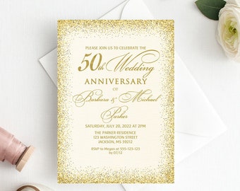 50th Anniversary Invitation, Golden Wedding Party Invitation, 50th Wedding Anniversary Invitation, Ivory and Gold, W714-1