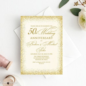 Einladungskarte 50. Hochzeitstag, Goldene Hochzeit Partyeinladung, Einladung 50. Hochzeitstag, Elfenbein und Gold, W714-1