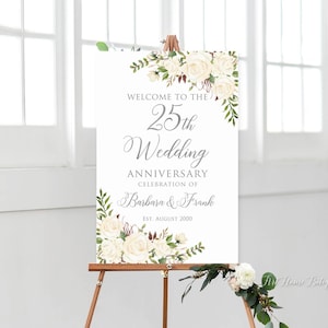 25th Anniversary Welcome Sign, 25th Anniversary Decoration, Silver Anniversary Sign, Printable Welcome Sign, White Flowers, W951-1