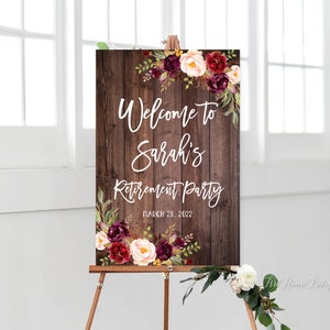 Burgundy Retirement Party Sign, Retirement Celebration Welcome Sign, Rustic Retirement Welcome Sign, Digital File, W86
