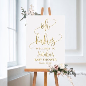 Oh Babies Welcome Sign, Baby Shower Welcome Sign, Calligraphy Welcome to Baby Shower Sign, Twins Baby Shower Welcome Sign, Gold, BS891-5