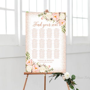 Rose Gold Wedding Seating Chart,Find Your Seat,  Pink and White Wedding Seating Plan, Wedding Table Plan, Digital file, W711