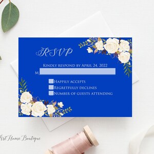 Carte RSVP mariage bleu roi, carte RSVP bleue, carte réponse bleue, carte RSVP anniversaire floral, insert, cartes supplémentaires, W1017