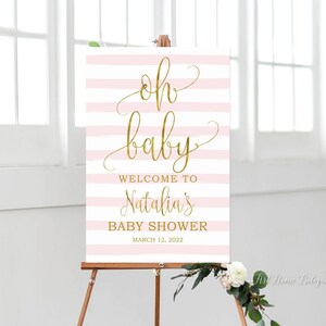 Oh Baby Welcome Sign, Striped Baby Shower Welcome Sign, Pink and Gold Welcome Baby Shower Sign, Digital file, BS092