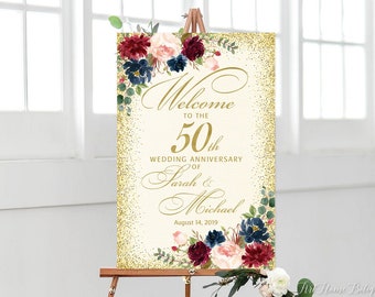 50th Anniversary Welcome Sign, 50th Anniversary Decoration, Gold Burgundy Anniversary Sign, Printable Welcome Sign, Navy Anniversary, W594