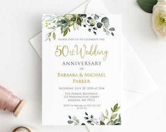 50th Anniversary Invitation, Greenery Wedding Anniversary Invitation, 50th Wedding Anniversary Invitation, Botanical Invitation, W1128-1