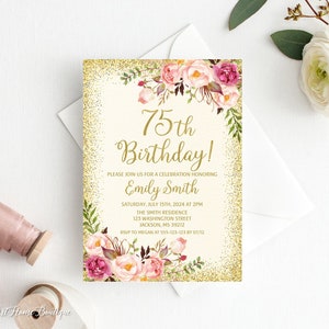 75th Birthday Invitation, Any Age Women Birthday Invitation, Floral Ivory and Gold Women Birthday Invitation, Boho Birthday Invite,W23 image 1