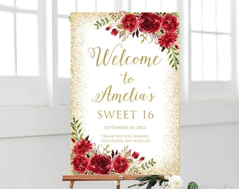 Silver and Pink Welcome Sign Sweet Sixteen Welcome Sign Landscape Sweet 16 Birthday Welcome Sign W838