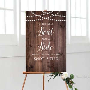 Rustic Choose a Seat not a Side Sign, Pick a Seat Ceremony Sign, Welcome Wedding Sign, Printable Sign,  String Lights Wedding Sign, W336