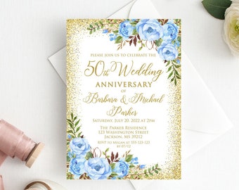 50th Anniversary Invitation, Golden Wedding Party Invitation, 50th Wedding Anniversary Invitation, Blue Anniversary Invitation, W1187