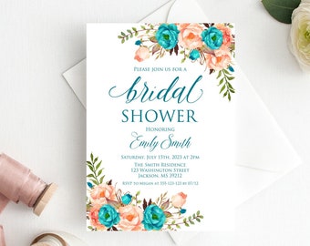 Teal Bridal Shower Invitation, Floral Coral and Teal Bridal Shower Invitation,  Bridal Shower Invitation, Watercolor Invitation, W231