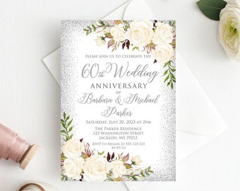 60th Anniversary Invitation, White Silver Wedding Party Invitation, 60th Wedding Anniversary Invitation, Diamond Anniversary, W598-1