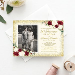 Bourgondië 50 Aniversario de Bodas uitnodiging, 50e verjaardag uitnodiging, Spaanse verjaardagsuitnodiging, foto-uitnodiging, W1674-4