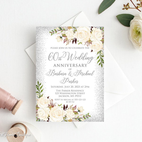 60th Anniversary Invitation, White Silver Wedding Party Invitation, 60th Wedding Anniversary Invitation, Diamond Anniversary, W598-1