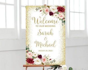 Floral Wedding Welcome Sign, Marsala Welcome Sign, Welcome To Our Wedding Sign, Burgundy Blush Gold, W989