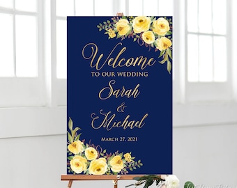 Navy and Yellow Welcome Wedding Sign, Welcome To Our Wedding Sign, Navy Welcome Wedding Sign, Pale Yellow Flowers, W953