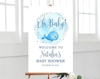 Oh Baby Welcome Sign, Whale Baby Shower Welcome Sign, Nautical Baby Shower Welcome Sign, Watercolor Welcome Sign, Navy, BS075