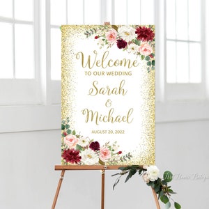 Floral Wedding Welcome Sign, Marsala Welcome Sign, Welcome To Our Wedding Sign, Burgundy Blush Gold, W989