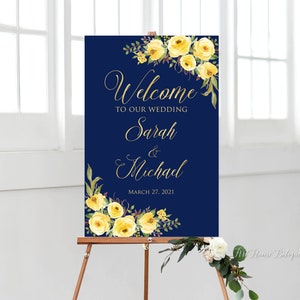 Navy and Yellow Welcome Wedding Sign, Welcome To Our Wedding Sign, Navy Welcome Wedding Sign, Pale Yellow Flowers, W953