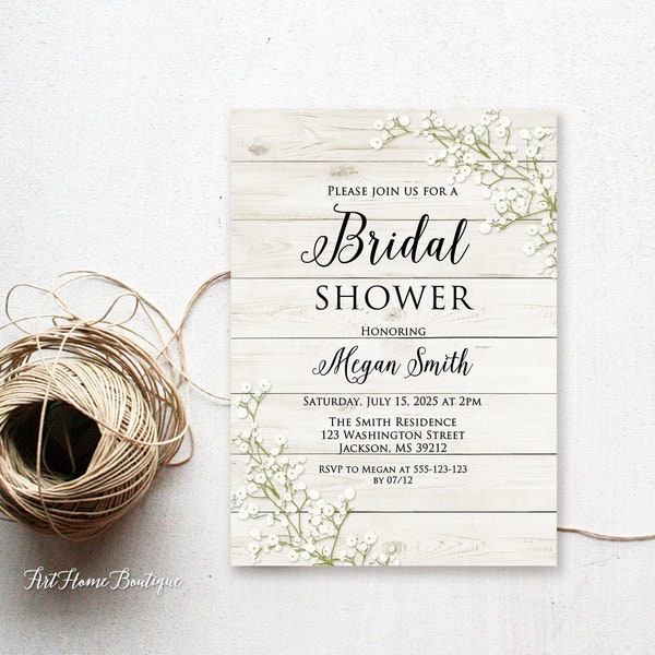 Rustic Bridal Shower Invitation, Baby’s Breath Bridal Shower Invitation, Gypsophila Invitation, Printable, W892