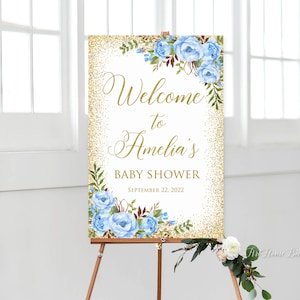 Blue Baby Shower Welcome Sign, Blue and Gold Baby Shower Welcome Sign, Digital file, W1187