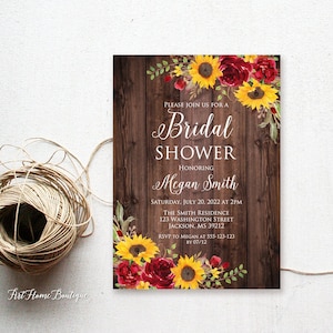 Invitation de douche nuptiale de tournesols et de roses rouges, invitation de douche nuptiale de tournesol, invitation de douche nuptiale de bohème, W982