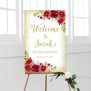 Quinceañera-welkomstbord, Quinceañera-bord, groot welkomstbord, rood en goud welkomstbord, afdrukbaar bord, rode bloemen, W768
