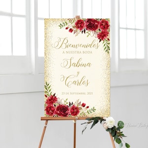 Bienvenidos a Nuestra Boda, Red and Gold Welcome Wedding Sign, Red Flowers, Red Flowers Welcome Sign, Spanish Sign, Digital file, W720