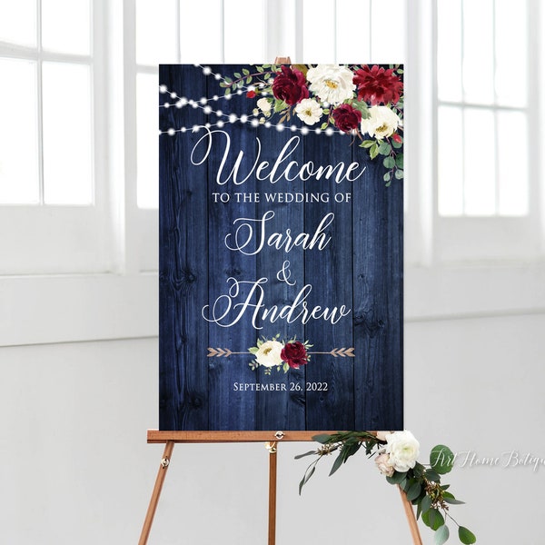 Rustic Wedding Welcome Sign, Burgundy and White Flowers, Rustic Navy Wedding Welcome Sign, String Lights, Printable Sign, W983