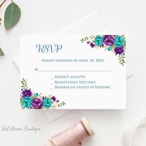 Teal and Purple RSVP Card, Purple and Turquoise RSVP Card, Wedding Respond Card, Birthday Rsvp, Wedding Insert, Additional Cards, W1234